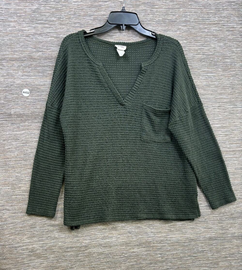 BiBi Waffle Knit Sweater Womens Size M Green V-Neck Long Front Pocket